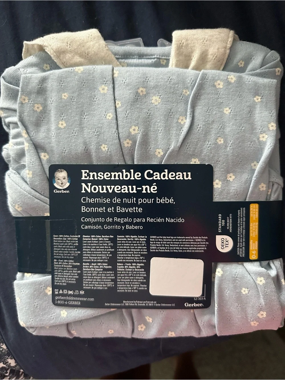 Gerber Light Blue Newborn Gown, Cap & Cream Bib Set